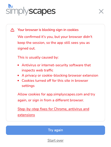 The SimplyScapes sign-in screen showing the message "Your browser is blocking sign-in cookies", with Try again and Start over buttons