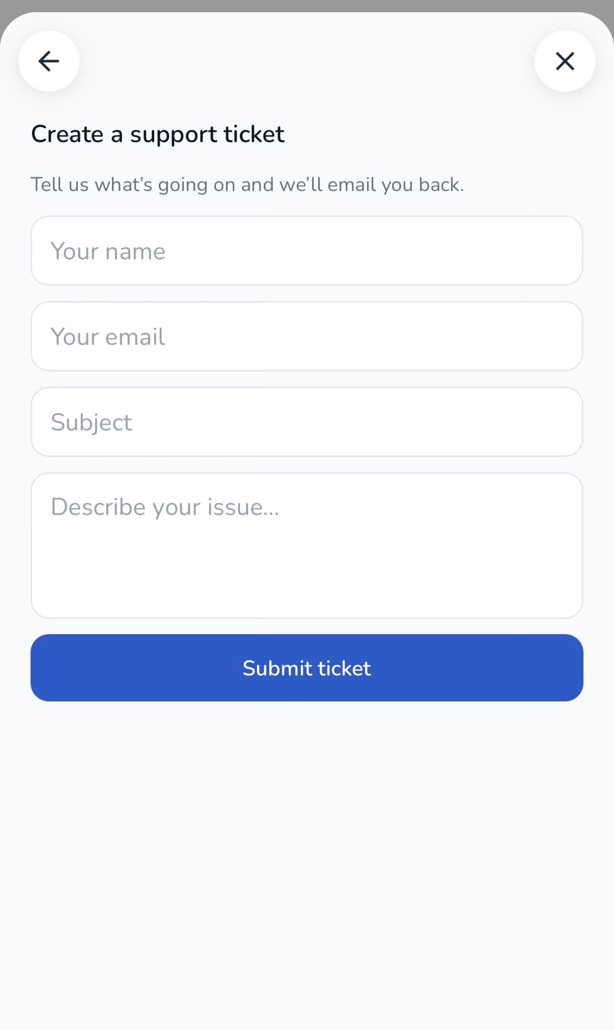 The Create a support ticket form with name, email, subject, and issue description fields