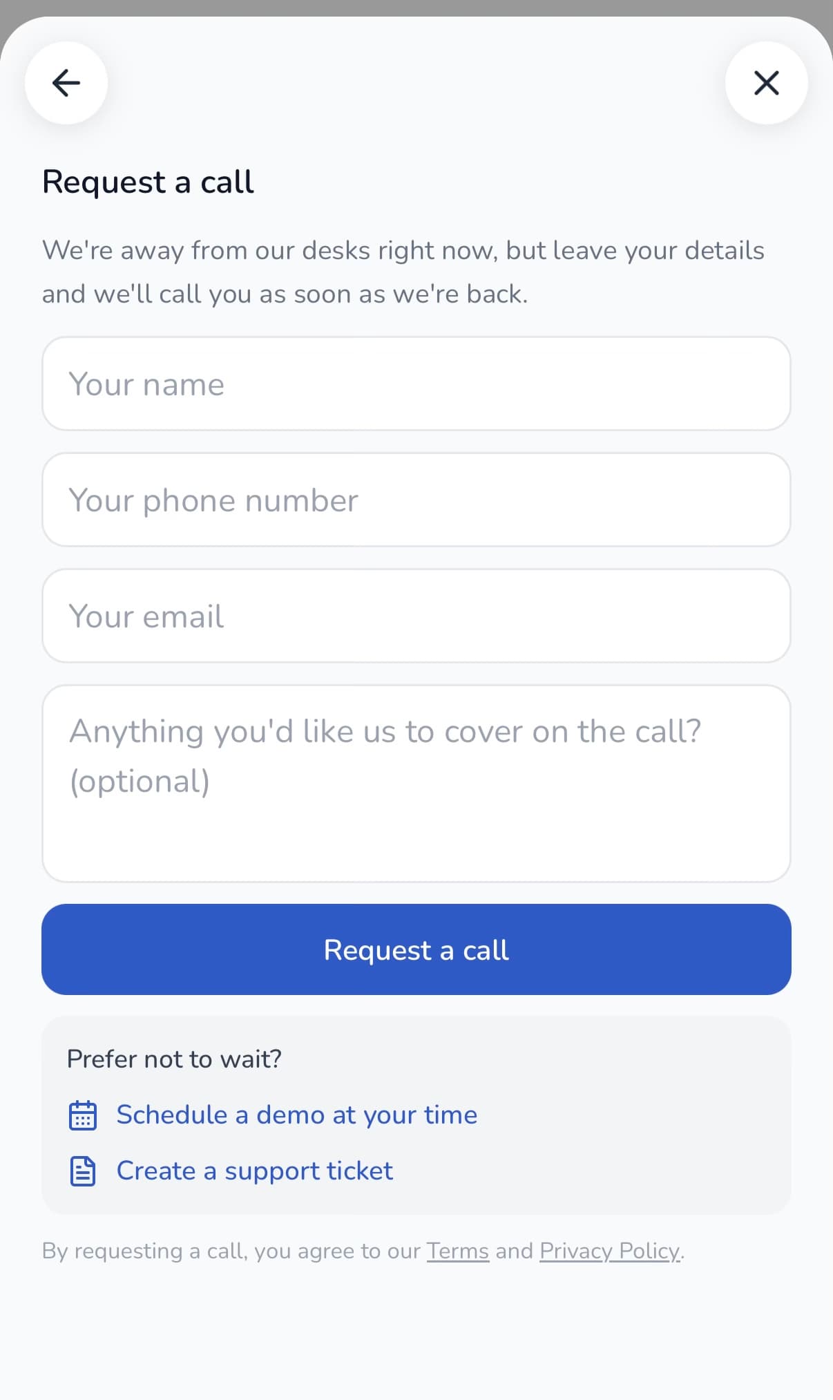 The Request a call form with name, phone number, email, and an optional note field