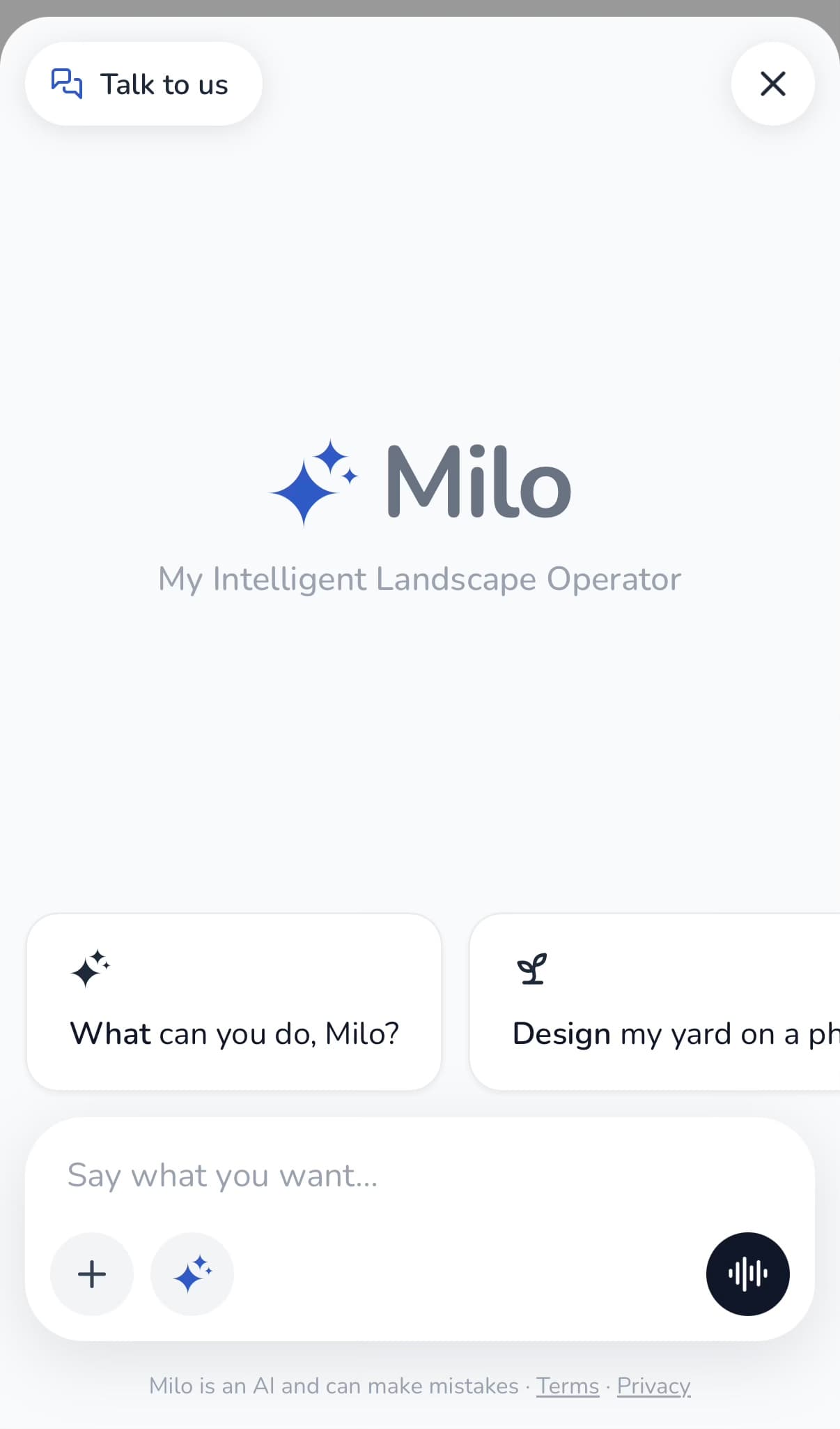 The Milo chat widget, with the Talk to us button in the top-left corner and the message box at the bottom