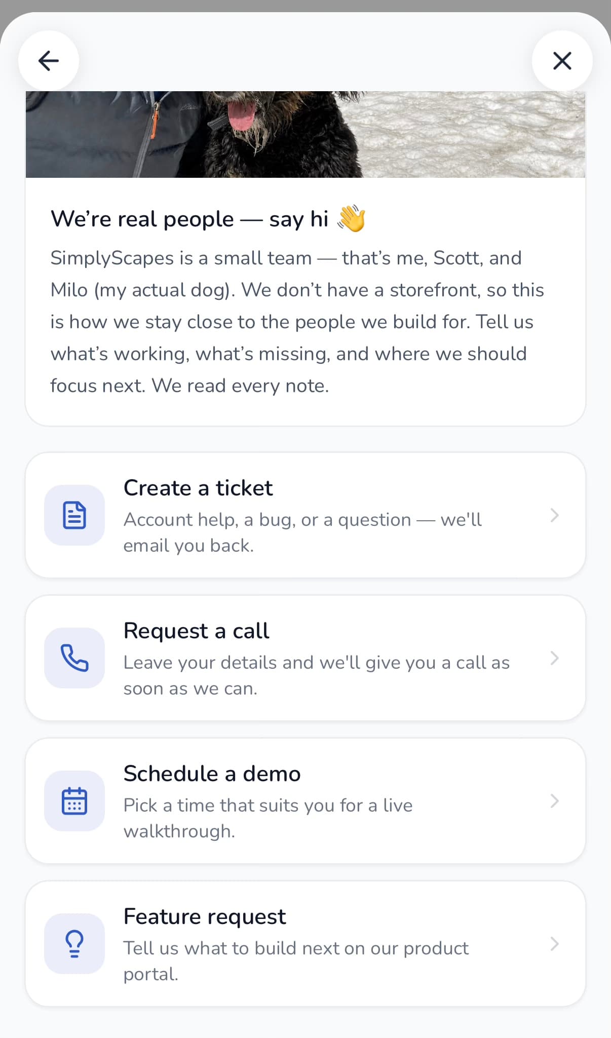 The Talk to us menu showing Create a ticket, Request a call, Schedule a demo, and Feature request
